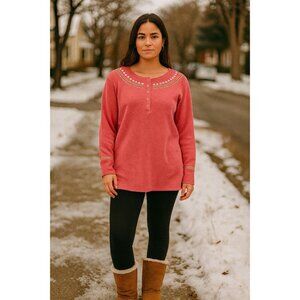 Blair Embroidered Henley Thermal Top Pink Small Cottagecore Boho Cozy Clean Girl